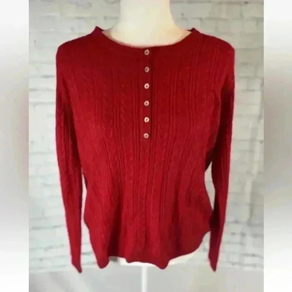 Laura Scott petite women's XLP red cable knit sweater Long Sleeve Buttons Jumper